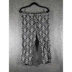 Per Se Pants Women's Large Navy Blue‎ Cropped Linen Drawstring Geoprint